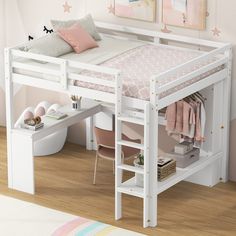 a white bunk bed sitting on top of a wooden floor next to a pink rug