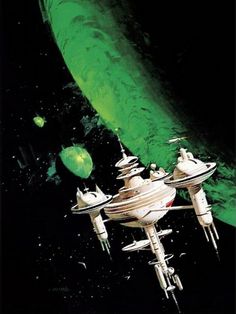 an image of a sci - fi space station flying in the sky with green and black background