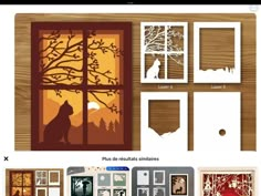 four different cut outs showing the silhouettes of cats and trees in front of an open window