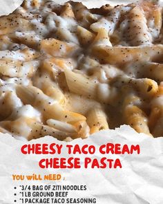 an advertisement for cheese taco cream pasta