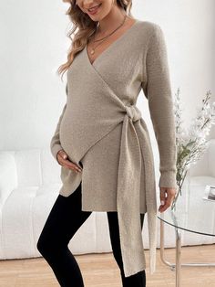 Khaki Casual Collar Long Sleeve Knitwear Plain Pullovers Embellished Slight Stretch  Maternity Clothing Maternity Sweaters, Shein Maternity, Traje Casual, Tie Design, Maternity Clothing, Maternity Sweater, Maternity Clothes, Knitwear