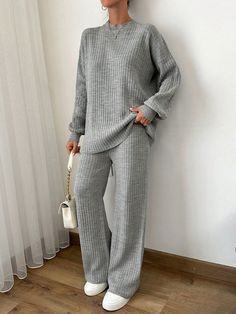 2pcs Women's Solid Dropped Shoulder Long Sleeve Sweater And Jacquard Casual Knit Pants Set, Autumn & Winter Grey Casual    Plain Pants Slight Stretch  Women Clothing, size features are:Bust: ,Length: ,Sleeve Length: Plain Pants, Grey Colour Suit, Sport Tights, Fleece Tights, Knit Pants, Kids Sleepwear, Sport Pants, Knitwear Women, Long Sleeve Sweater