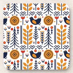 an orange and blue pattern with birds on it beverage coasters, set of 4