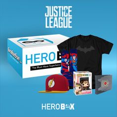 the hero box is on display in front of a blue background with an image of justice league