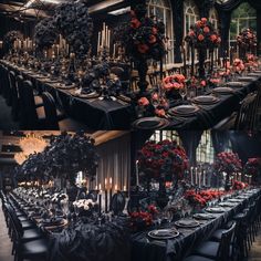 the tables are decorated with black and red flowers