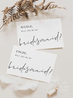 two cards that say bridesmaid and will you be my bridesmaid?