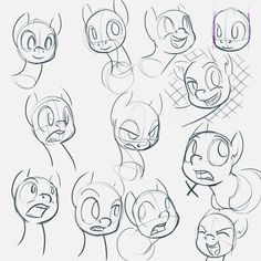 the various faces and expressions of different cartoon character heads, drawn in pencil on paper