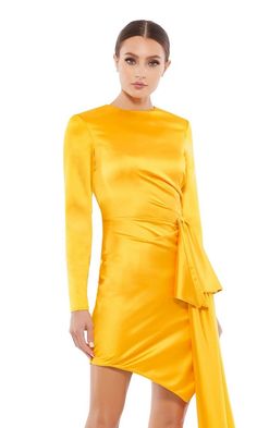 Marigold yellow long sleeve fitted asymmetrical short party dress with long draped side. Cute Hoco Dresses, Junior Party Dresses, Long Drapes, Marigold Yellow, Short Party Dress, Yellow Short, Short Homecoming Dress, Prom Girl, Party Dress Short