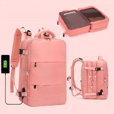 a pink backpack with an external charger attached to the back and two separate compartments