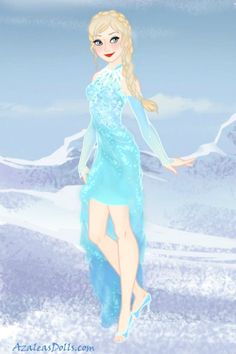 a frozen princess standing in the snow with her hands on her hips and wearing a blue dress