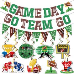 a banner that says game day go team go with football and other sports related items