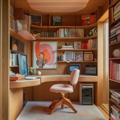 a home office with bookshelves full of books and a chair in the corner