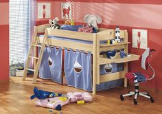 a child's bedroom with pink walls and wooden flooring, including a bunk bed