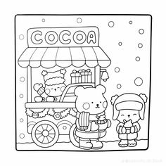 a coloring page with an ice cream cart and two small children in front of it