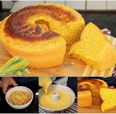 several pictures of different types of breads and pastries with corn on the side