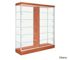 a wooden and glass display case on a white background with the words cherry written below it