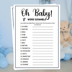 a baby word scramble game with a teddy bear and balloons in the background, on a table