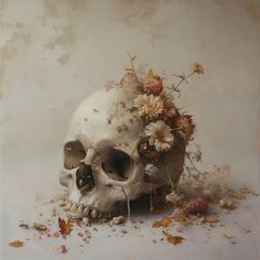 a painting of a skull with flowers on its head