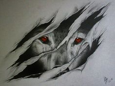 a drawing of a wolf's face with red eyes