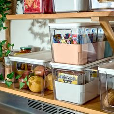 the shelves are filled with plastic containers and bins full of food, along with other items