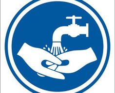 a blue and white sign with two hands holding a faucet