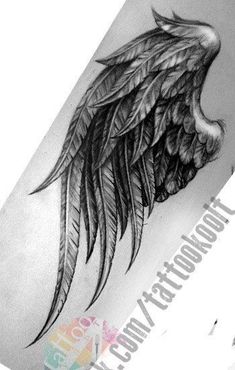 a black and white photo of an angel wing tattoo