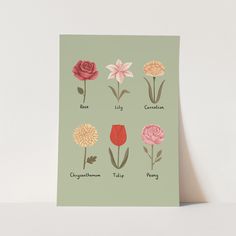 a card with different types of flowers on it