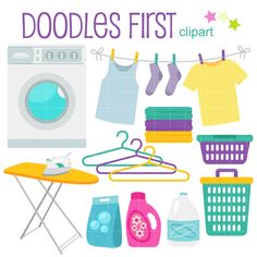 an image of clothes and laundry items on a line with the words doodles first clipart