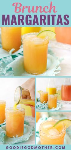 the recipe for brunch margaritas is shown in three different shots, including orange juice