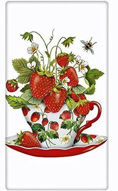 a painting of strawberries in a teacup on a saucer