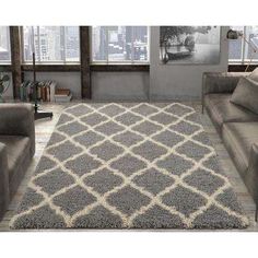 a living room with two couches and a rug on the floor in front of windows