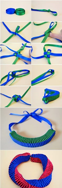 there are several pictures of how to make a ribbon necklace