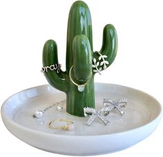 a green cactus sitting on top of a white plate next to rings and bracelets