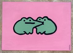 a painting of two green frogs on a pink background with the words love written in black