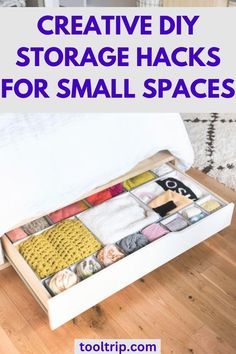 a bed that has some drawers in it and the words, creative diy storage hacks for small spaces