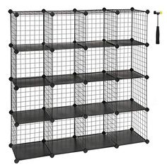 the wire shelving unit is black and holds several shelves