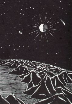 an image of the moon and stars above mountains in black and white with water below