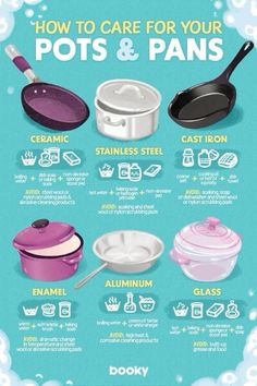 how to care for your pots and pans info poster with instructions on how to use them