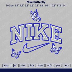 the nike logo with butterflies is shown in blue and white on a light gray background