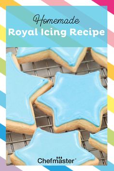 homemade royal icing recipe for cookies on a cooling rack with colorful stripes in the background