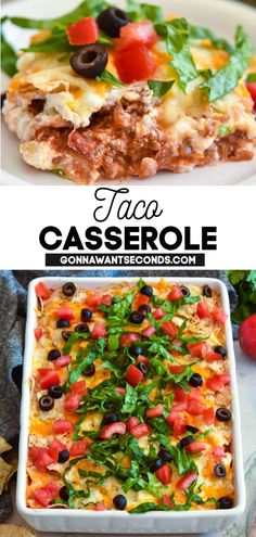 Taco Casserole topped with olives, tomatoes, and lettuce Fall Dinner Casseroles, Tacos Casserole, Potluck Casserole, Family Casseroles, Casseroles Recipes, Favorite Casserole Recipes, Favorite Casseroles, Main Dish Casseroles, Best Casseroles