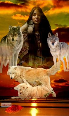 a woman standing next to four wolfs in front of an orange sky with clouds