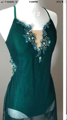 two pictures of a woman's green dress with beaded details on the back