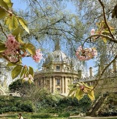 the building is surrounded by many trees and bushes with pink flowers on it's branches