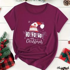 Olivia Mark - Womens Festive Casual T-shirt for Plus Size, featuring Slogan & Graphic Print, Short Sleeves, and Round Neck Christmas Burgundy, Shirts For Women Stylish, Christmas Yellow, Plus Size Christmas, Christmas Pink, Christmas Black, Christmas White, Round Neck Tees, Stylish Plus