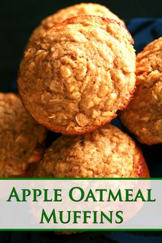 apple oatmeal muffins stacked on top of each other with text overlay