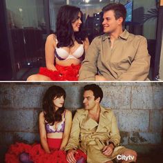 two different pictures of people sitting on the ground, one in a red dress and one in a tan shirt