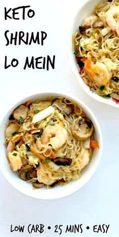 two bowls filled with shrimp and noodles on top of a white tablecloth next to each other