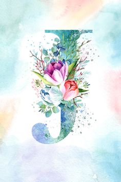 the letter j is made up of flowers and leaves on a watercolor painted background