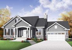 this is an artist's rendering of the front elevation of these ranch house plans